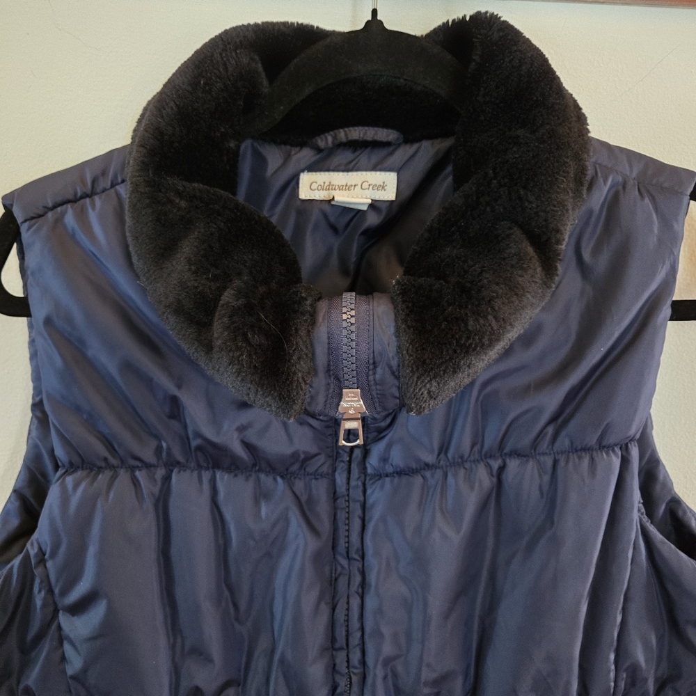 Coldwater Creek Puff Vest Womens Large 14 Navy/royal Purple Faux Fur Collar - Picture 4 of 8